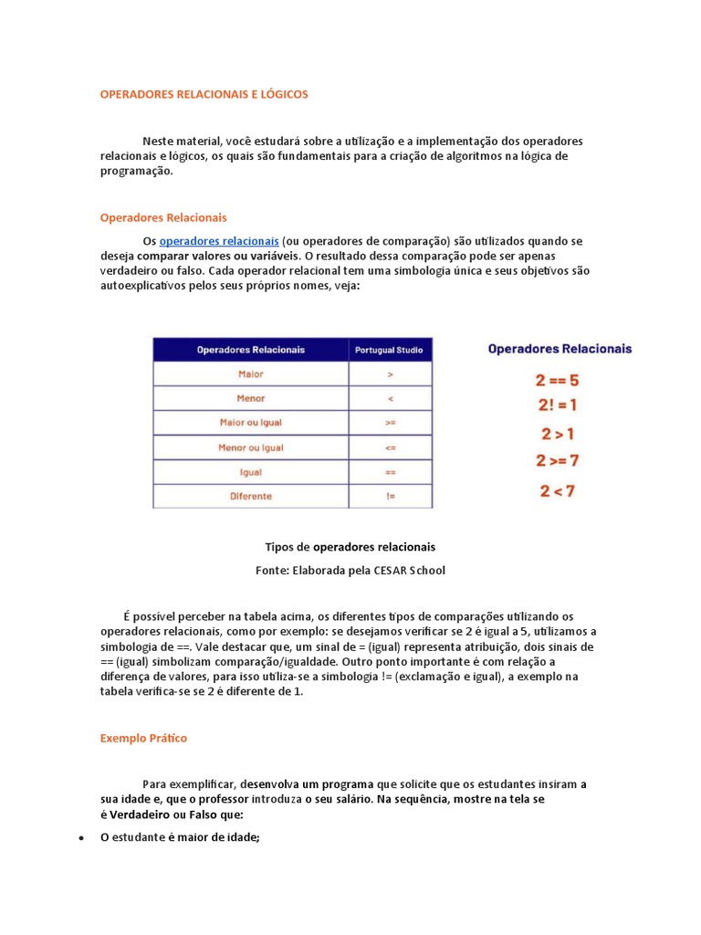 Operadores Relacionais e Lógicos em Programação | PDF | Lógica | Algoritmos