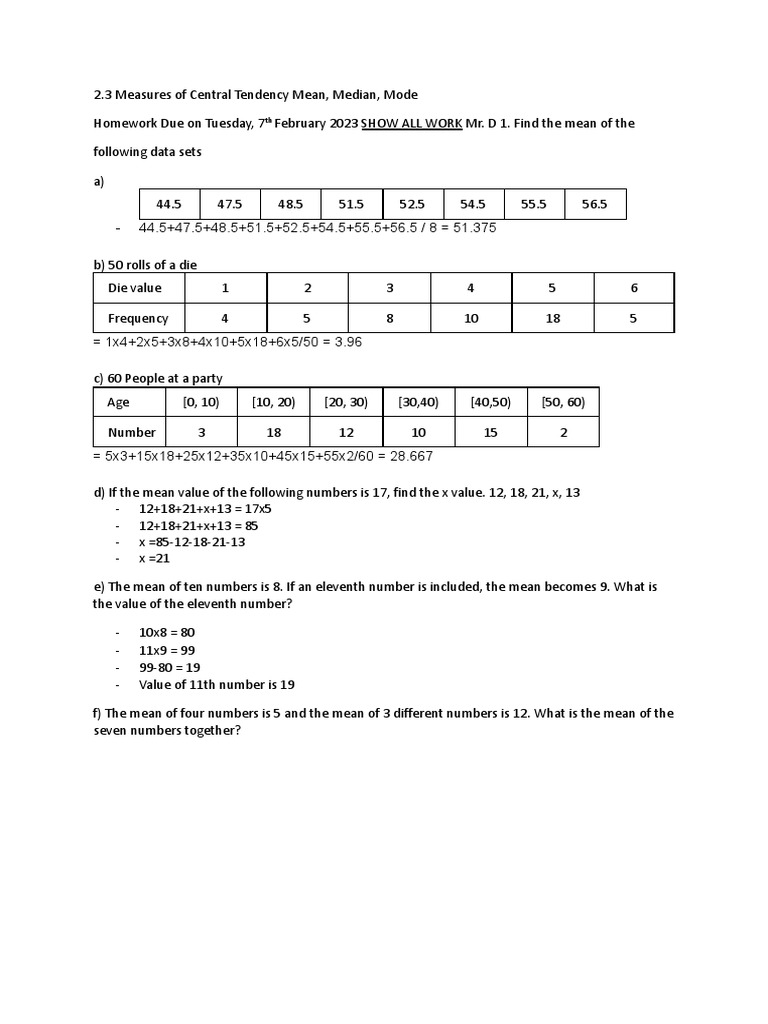 Math Homework: Central Tendency | PDF | Mean | Arithmetic Mean