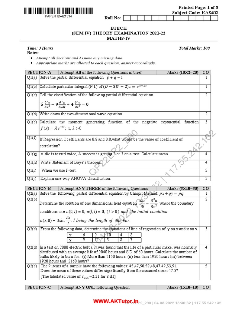 BTECH Maths-IV Exam Paper 2021-22 | PDF | Partial Differential Equation ...