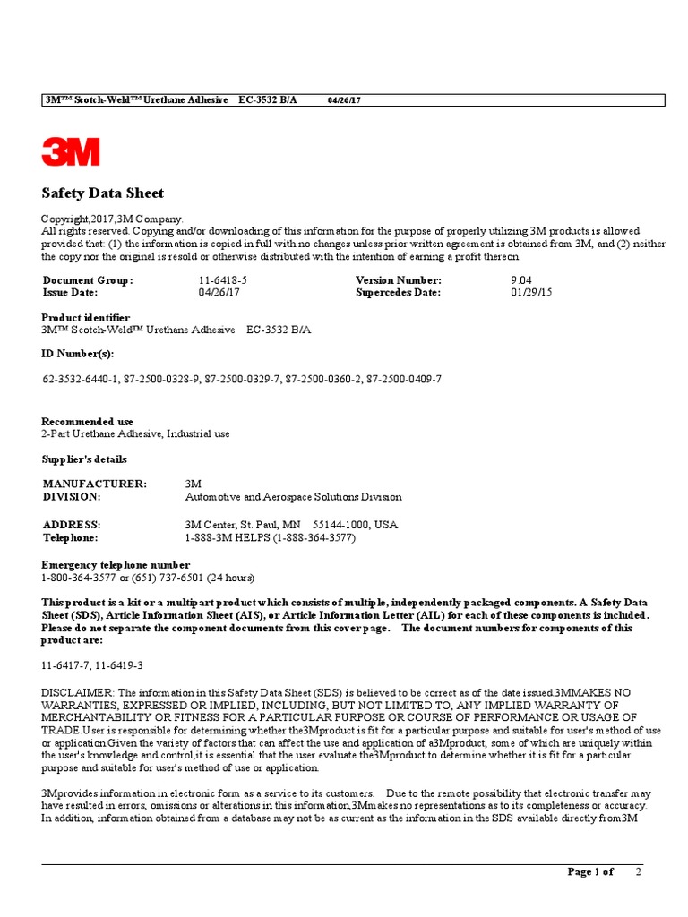 Ec 3532 Ba Urethane Adhesive QT KT PDF Toxicity Hazardous Waste
