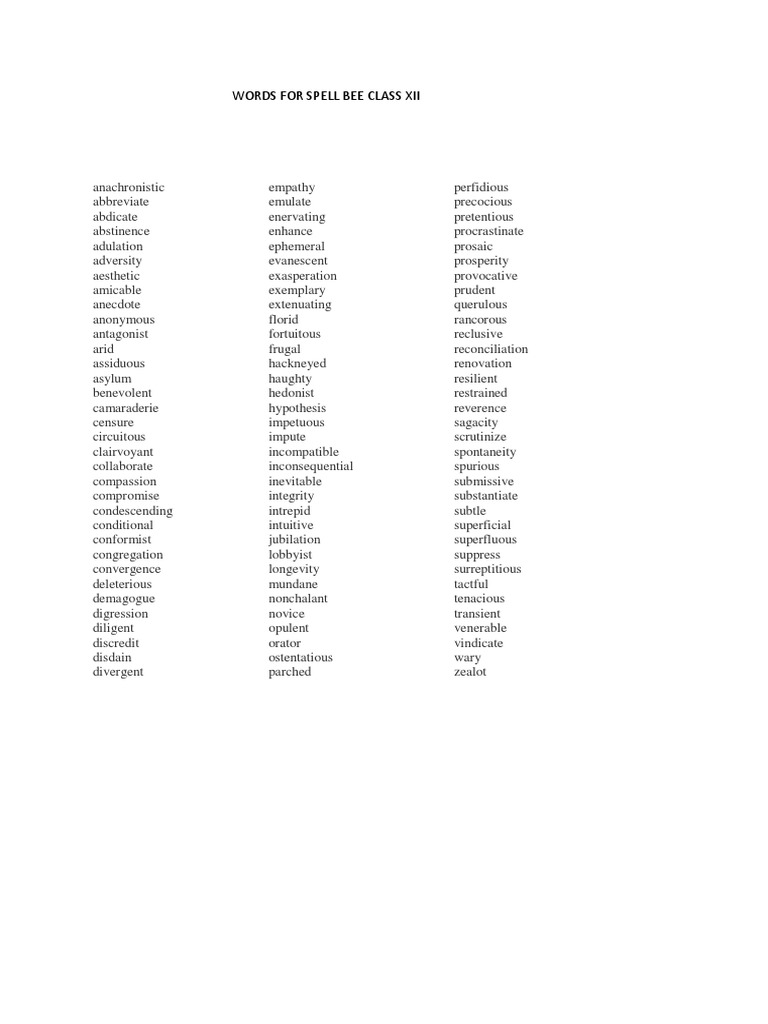Challenging Vocabulary Words for a Spell Bee Competition PDF