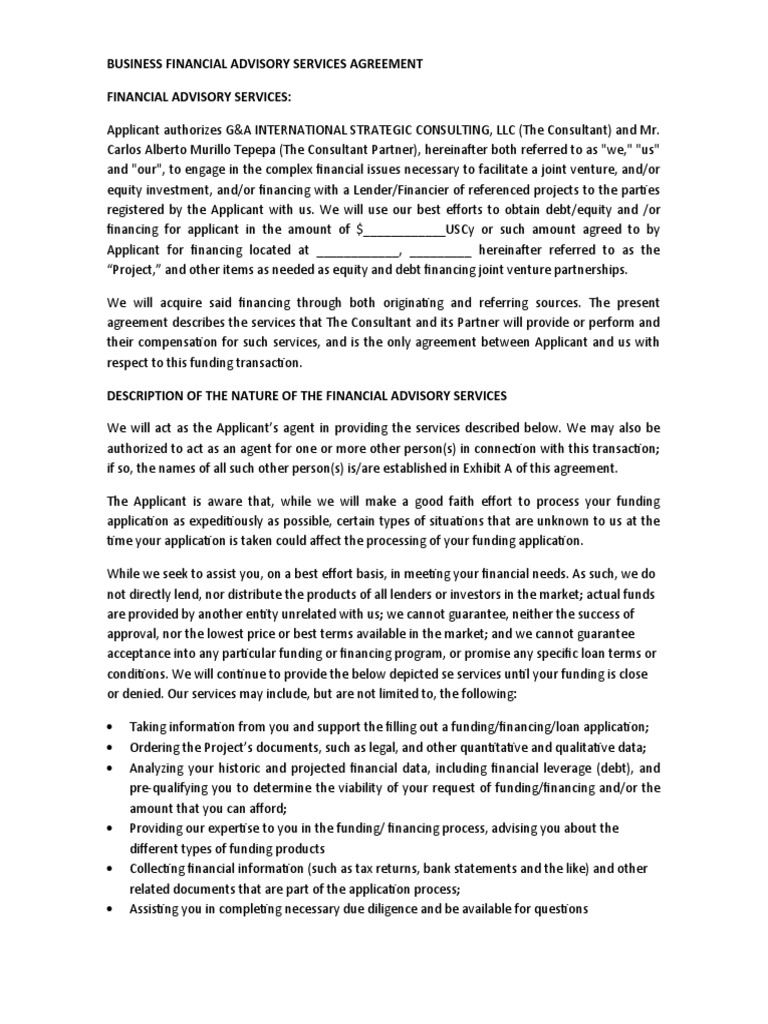 BUSINESS FINANCIAL ADVISORY SERVICES AGREEMENT v1 Download Free PDF