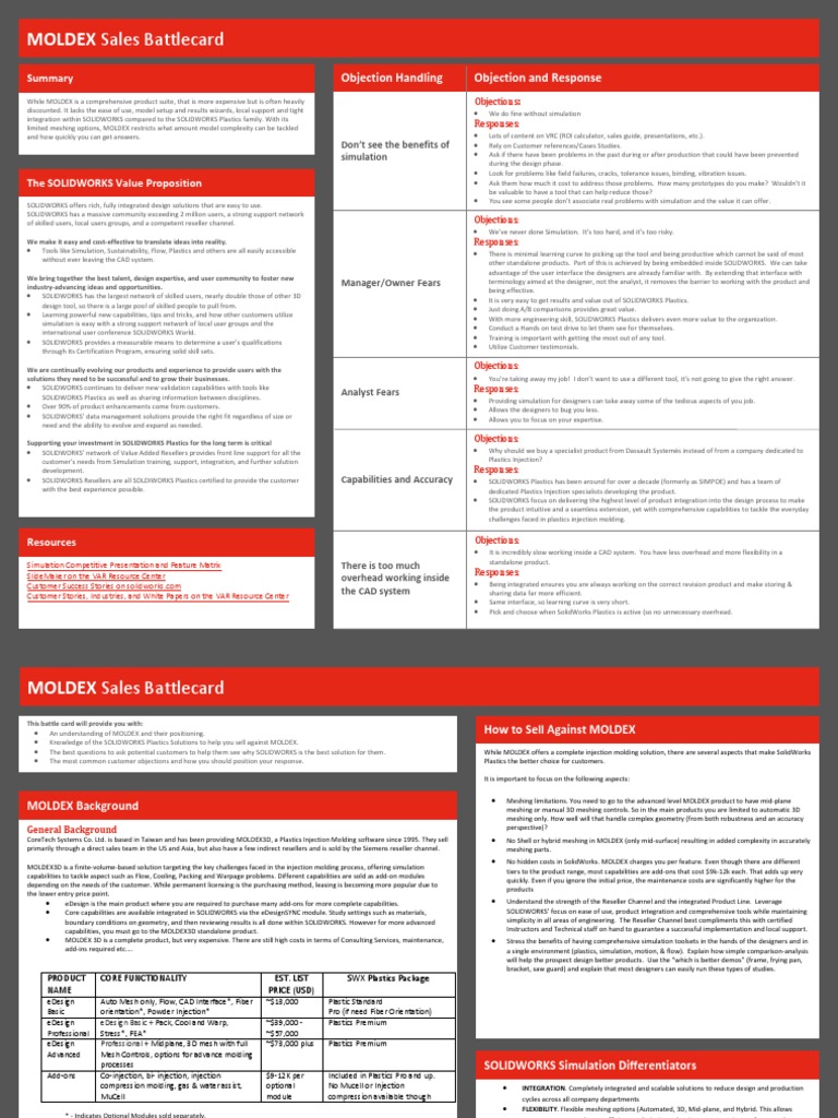MOLDEX 3D Sales Battlecard Overview | PDF | Simulation | Usability