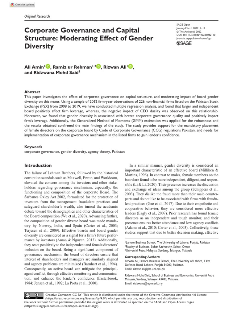 Corporate Governance and Capital Structure: Moderating Effect of Gender ...