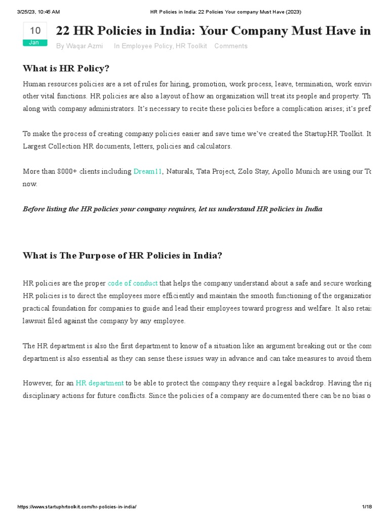 HR Policies in India_ 22 Policies Your company Must Have (2023) PDF