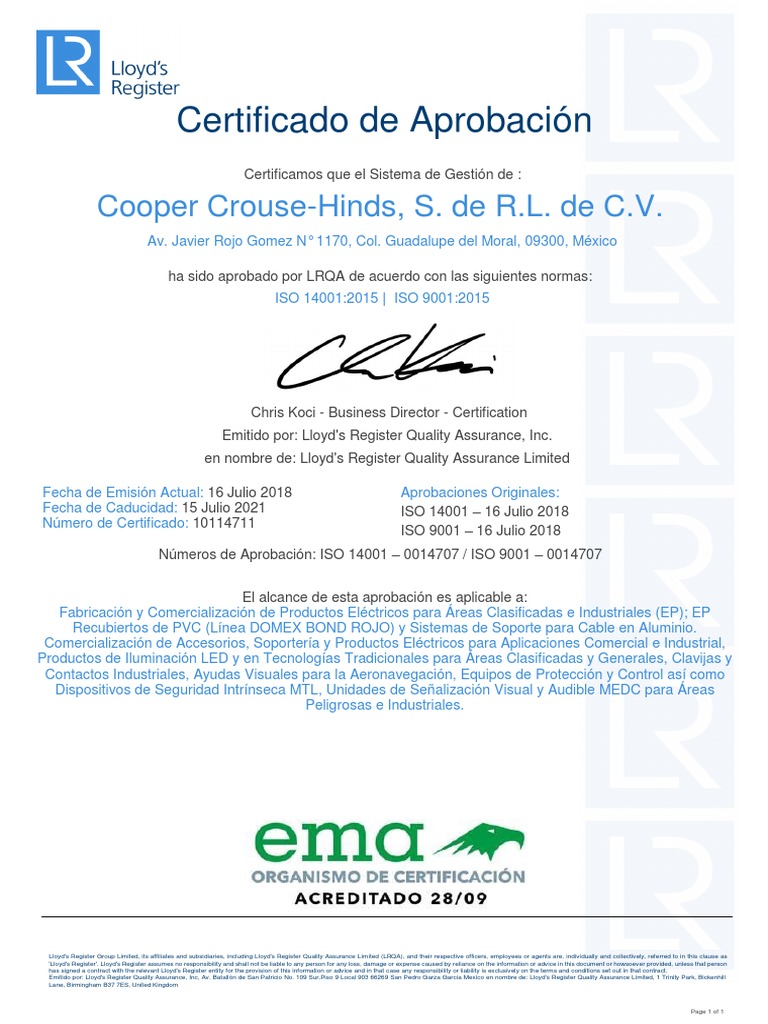 Certificación ISO de Cooper Crouse-Hinds | PDF | Organización ...