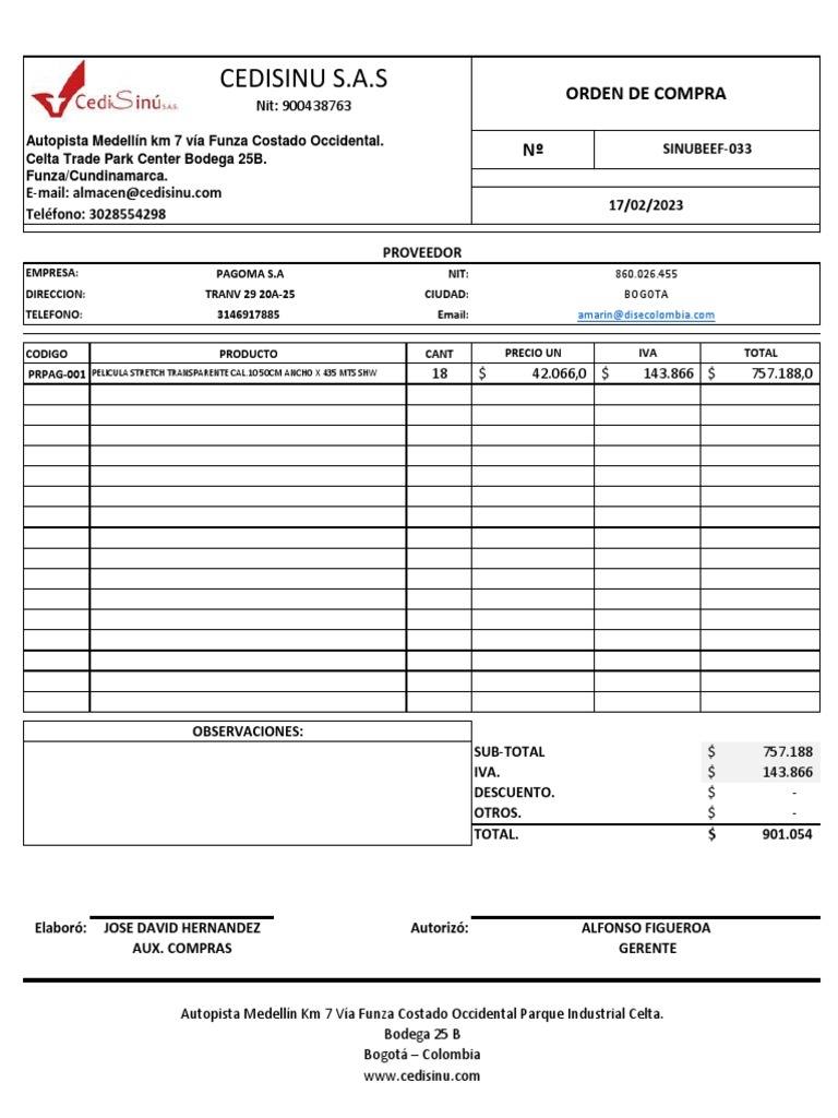 Orden de Compra CEDISINU S.A.S | PDF