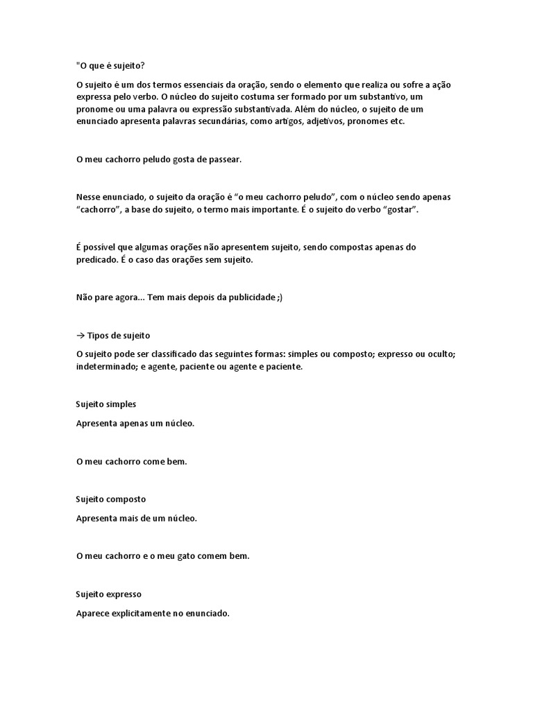 Tipos de Sujeito e Predicado | PDF | Assunto (gramática) | Pronome