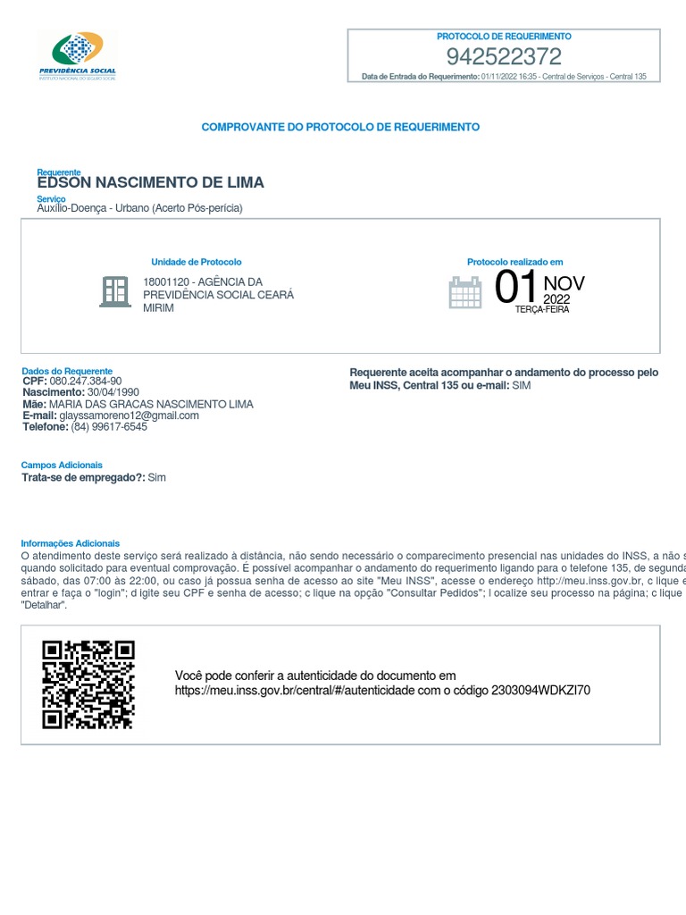 Protocolo de Requerimento INSS | PDF