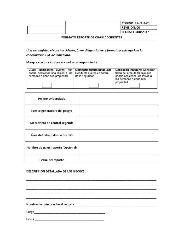 FORMATO CUASI ACCIDENTE | PDF