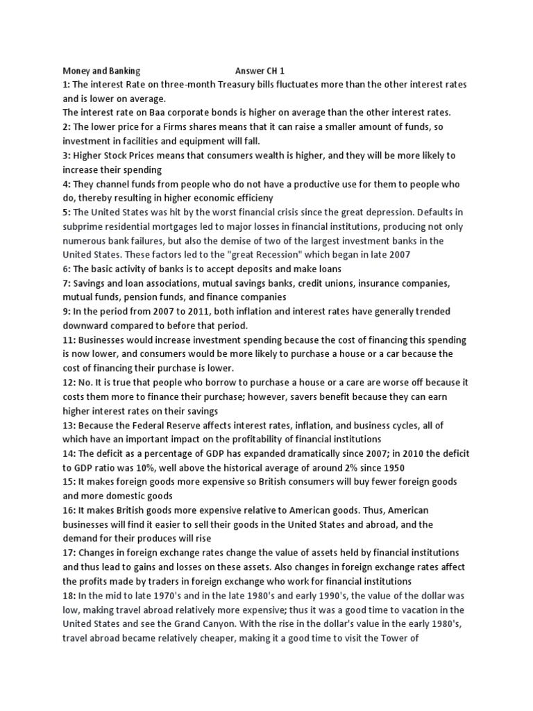 Money and Banking Answer CH 1 1 PDF Interest Rates Interest