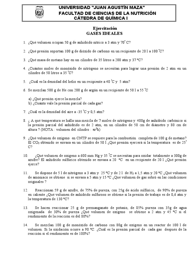 Problemas de Gases Ideales y Reacciones Químicas | PDF | Cocina ...