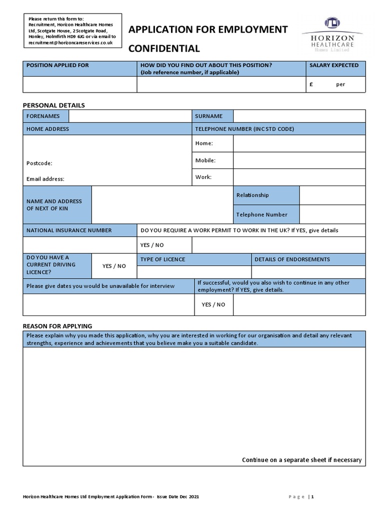 Horizon Healthcare Employment Application | PDF | Business