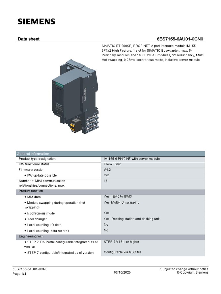 Siemens ET200SP Interface module IM1556 PN (S2) PDF Network