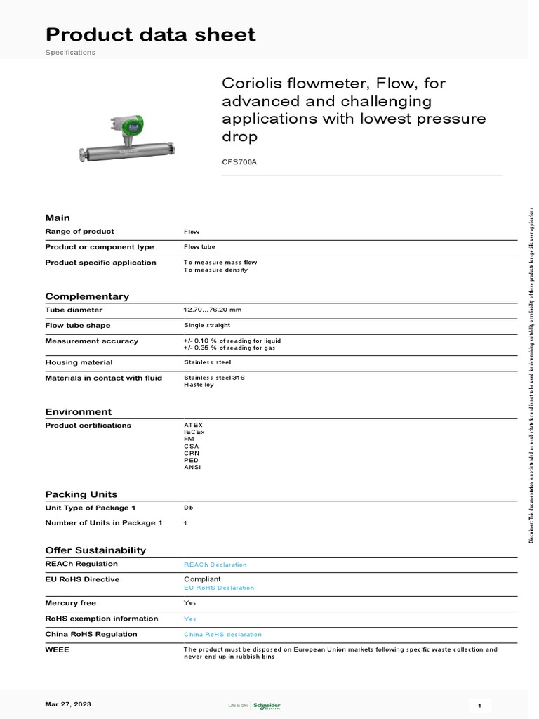 Product Data Sheet Coriolis Flowmeter, Flow, For Advanced and