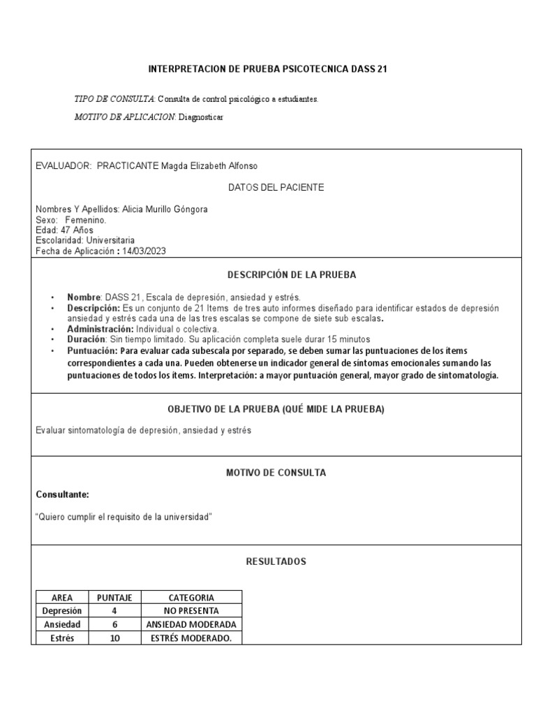 Interpretación de DASS 21 en Estudiantes | PDF | Ansiedad | Depresión ...