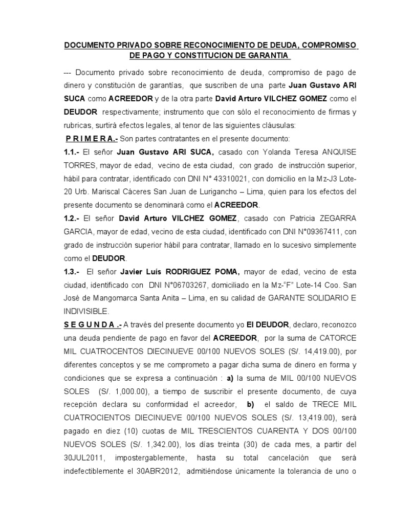 Documento Privado Sobre Reconocimiento de Deuda