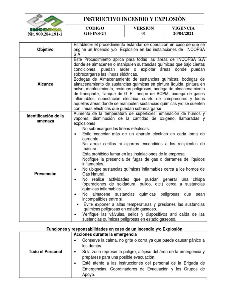 Plan de Emergencias: Incendio y Explosión | PDF | Gases | Incendios