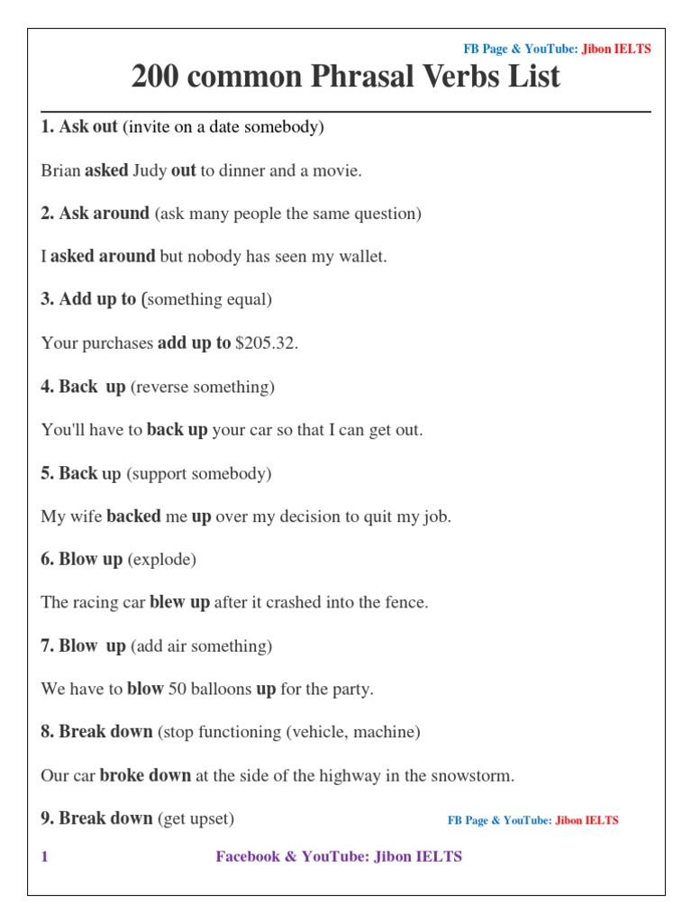 200 Common Phrasal Verbs List | Download Free PDF | Facebook