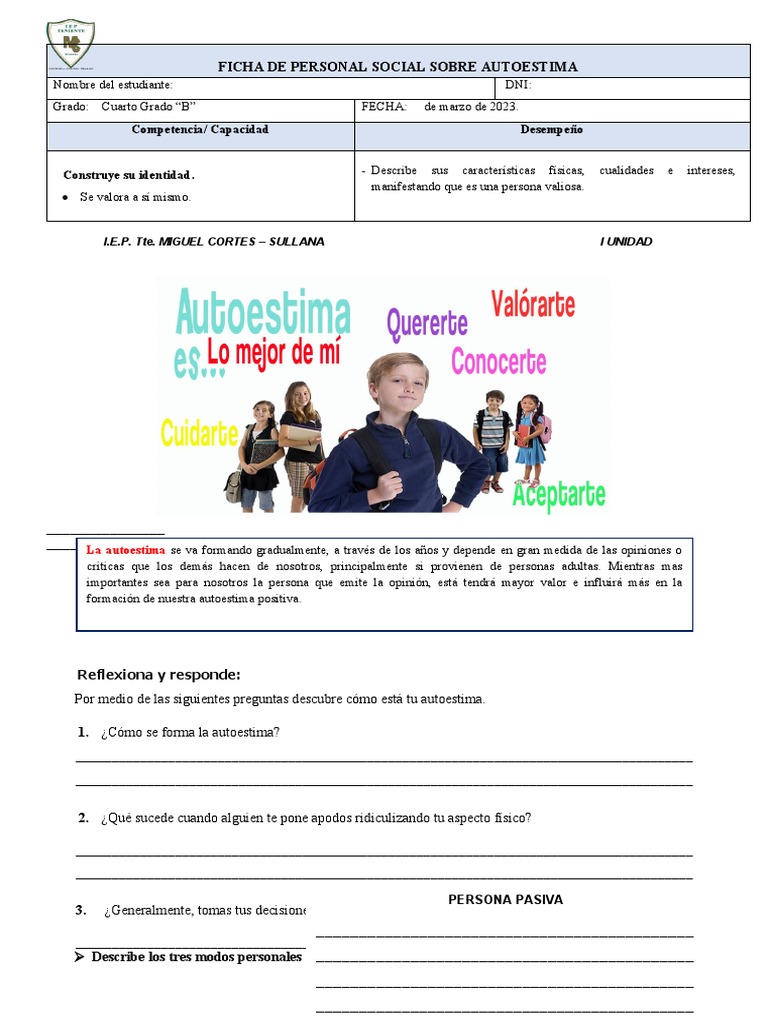 Ficha de Trabajo sobre Autoestima | PDF | Autoestima | Sicología