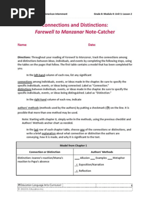 Copy of G8M4 Unit 1, Lesson 2, Connections and Distinctions Farewell to Manzanar Note-Catcher