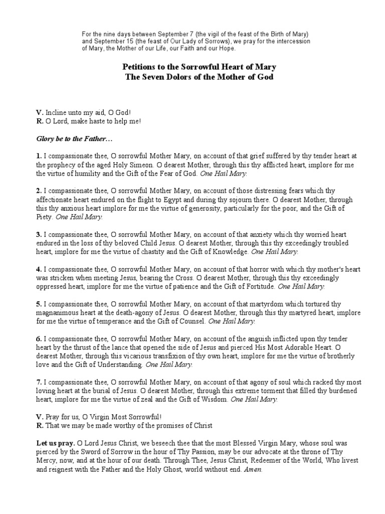 Seven Sorrows Novena Prayers | PDF | Mary, Mother Of Jesus | Religious ...