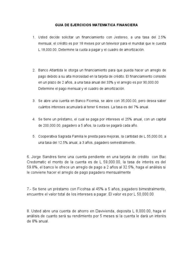 Guia de Ejercicios Matematica Financiera | PDF | Crédito | Finanzas y ...