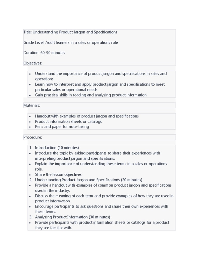 Understanding Product Jargon and Specifications PDF Learning