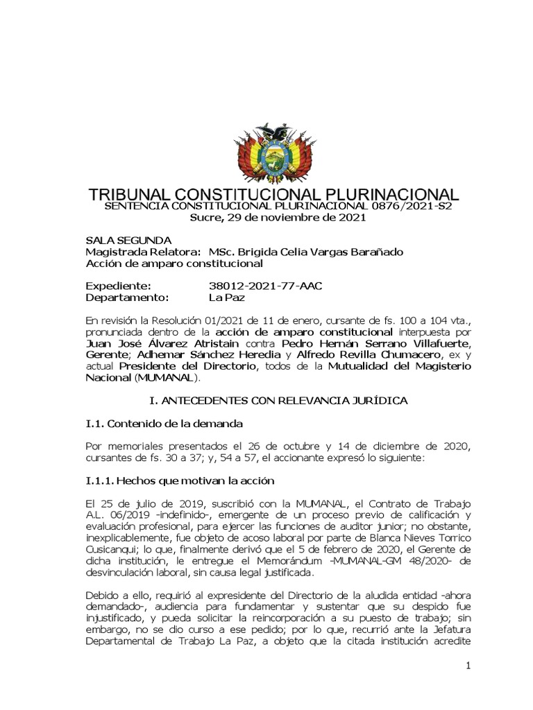 Sentencia Constitucional SCP 0876/2021 | PDF | Caso de ley | Constitución