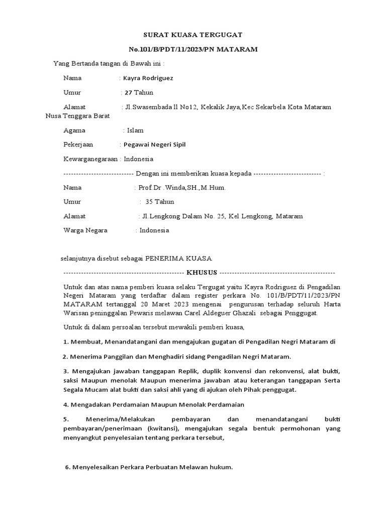 Surat Kuasa Tergugat Sengketa Tanah | PDF