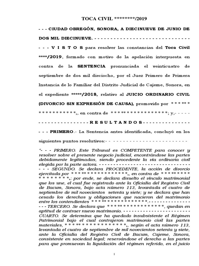 Sentencia Juicio Civil COTR190619 | PDF | Divorcio | Sentencia (ley)