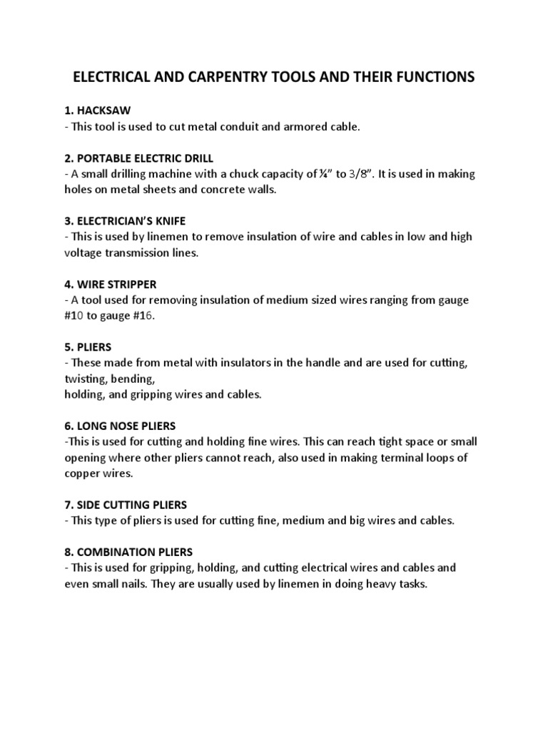 Ia 6 Electrical and Carpentry Tools and Their Functions PDF Screw