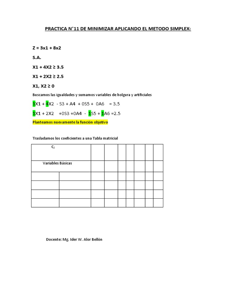 Practica N°11 de Minimizar Aplicando El Metodo Simplex: Z 3x1 + 8x2 S.A ...