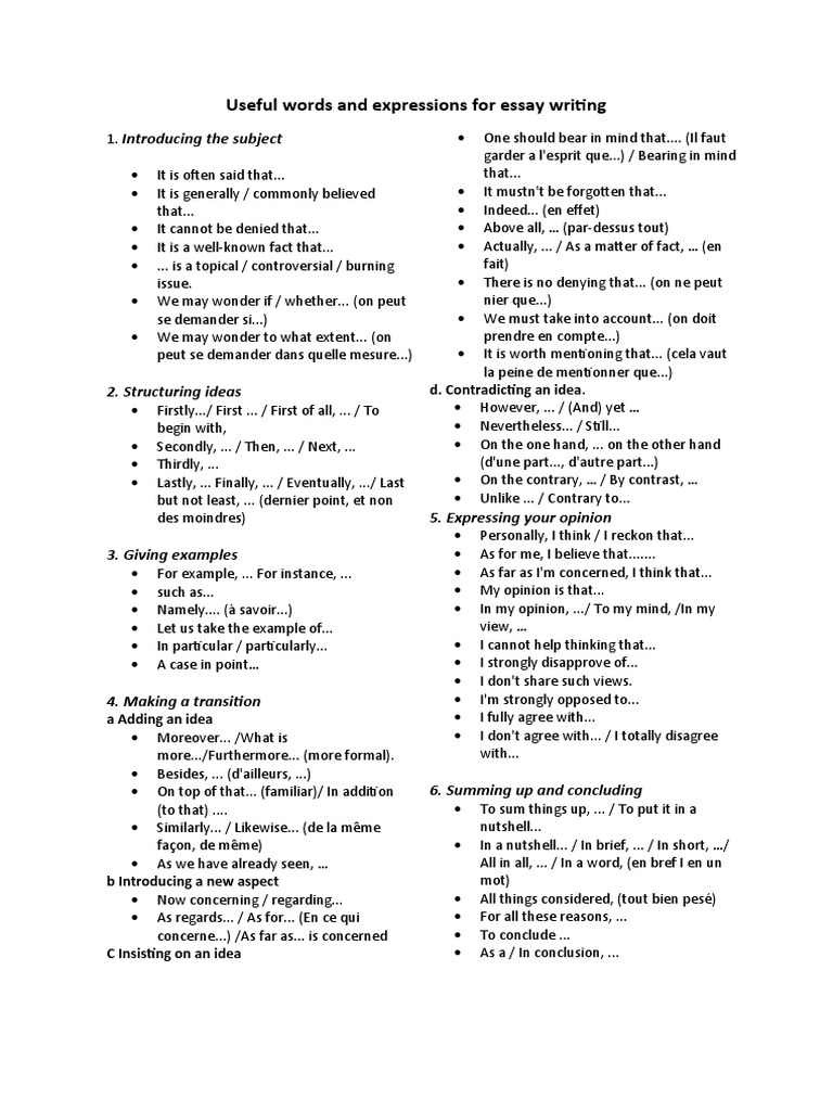 Useful Words and Expressions For Essay Writing: Introducing The Subject ...