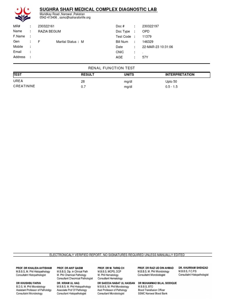 Sughra Shafi Medical Complex Diagnostic Lab: Renal Function Test | PDF