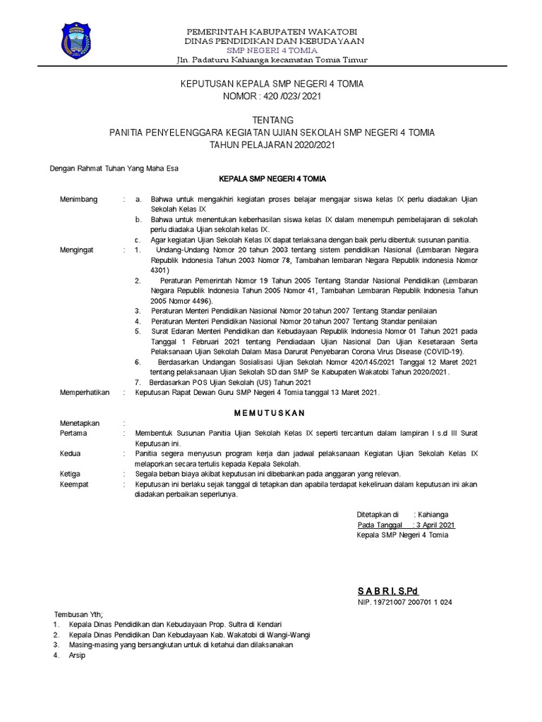 SK Panitia Ujian Sekolah 2021 - 113459 | PDF