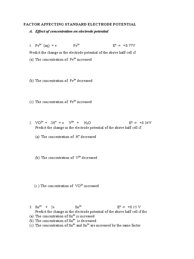Factor Affecting Standard Electrode Potential PDF