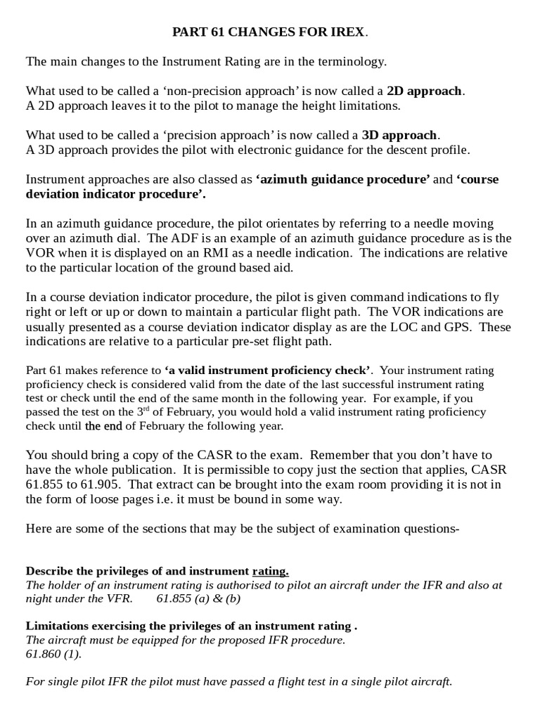 Part 61 Changes For Irex. Describe The Privileges of and Instrument