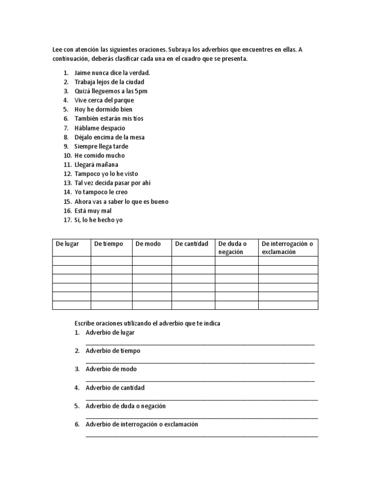 Ejercicios de Adverbios para Primaria | PDF | Artes del Lenguaje y ...