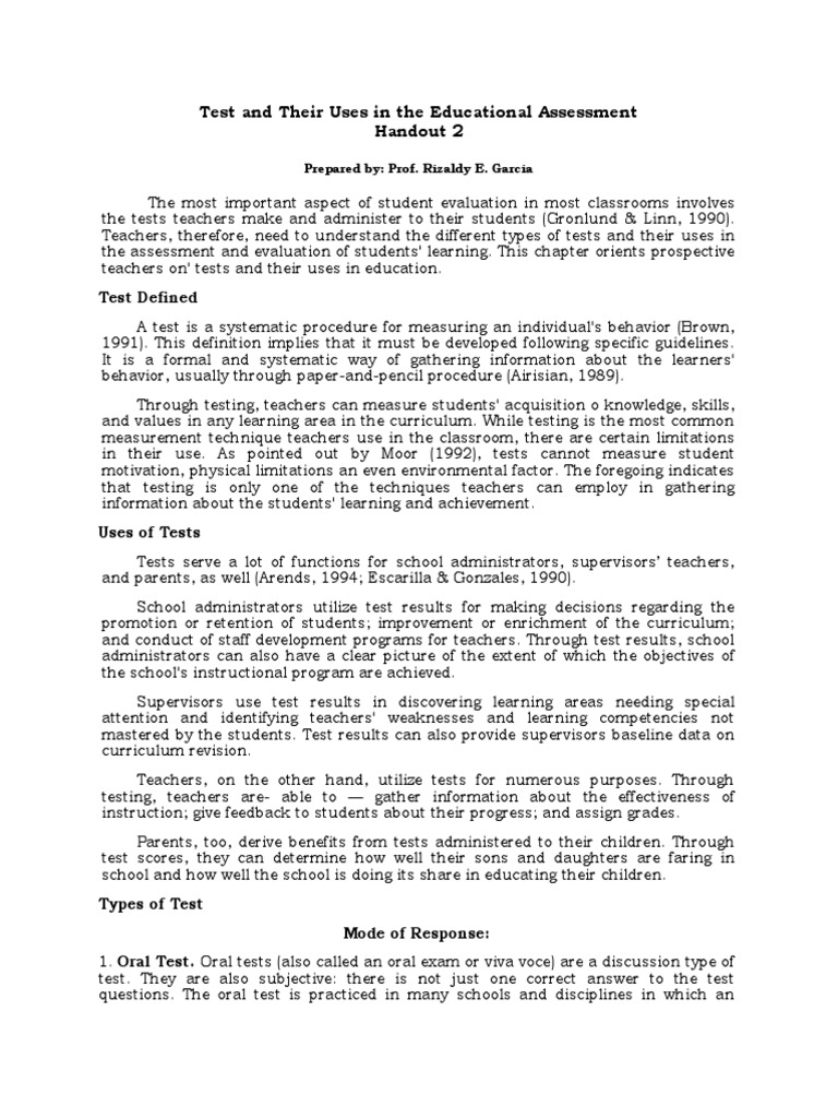 Types and Uses of Educational Tests | PDF | Educational Assessment ...