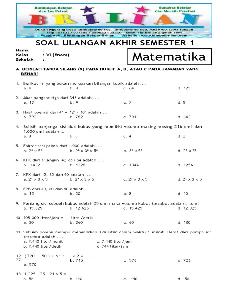 Soal Ulangan Matematika Kelas 6 SD | PDF