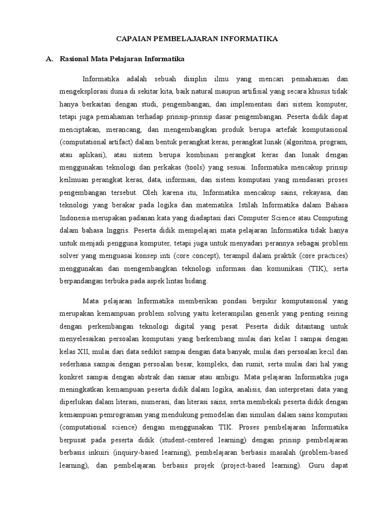 Capaian Pembelajaran Informatika Kurikulum Merdeka1 | PDF