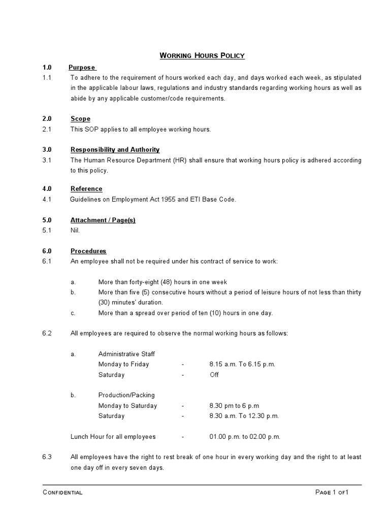 Employee Working Hours Policy | PDF | Overtime | Working Time