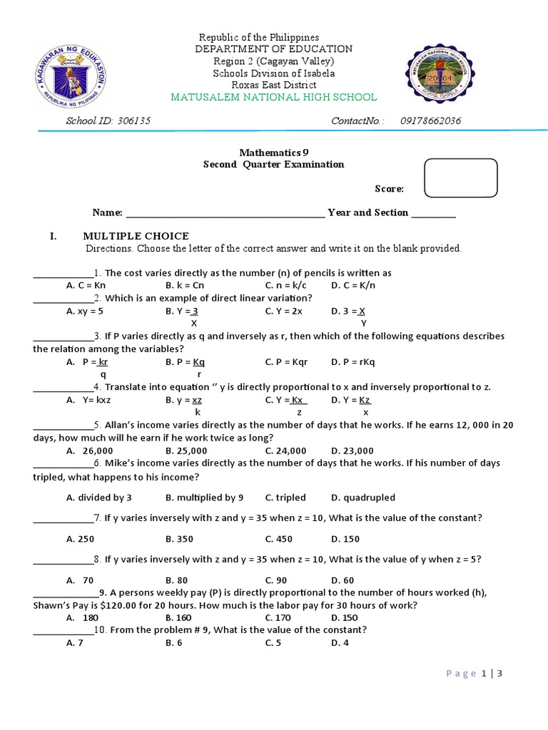 Grade 9 Math 2nd Quarter Exam | PDF | Mathematics | Algebra