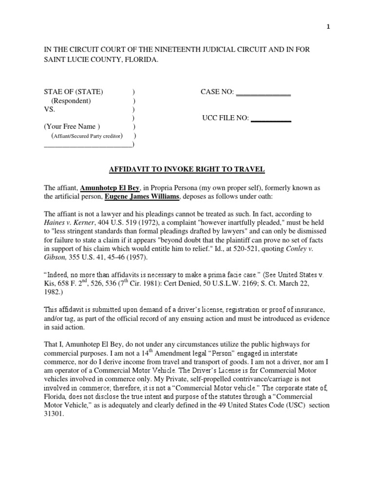 An Affidavit Asserting the Constitutional Right to Travel Unrestricted