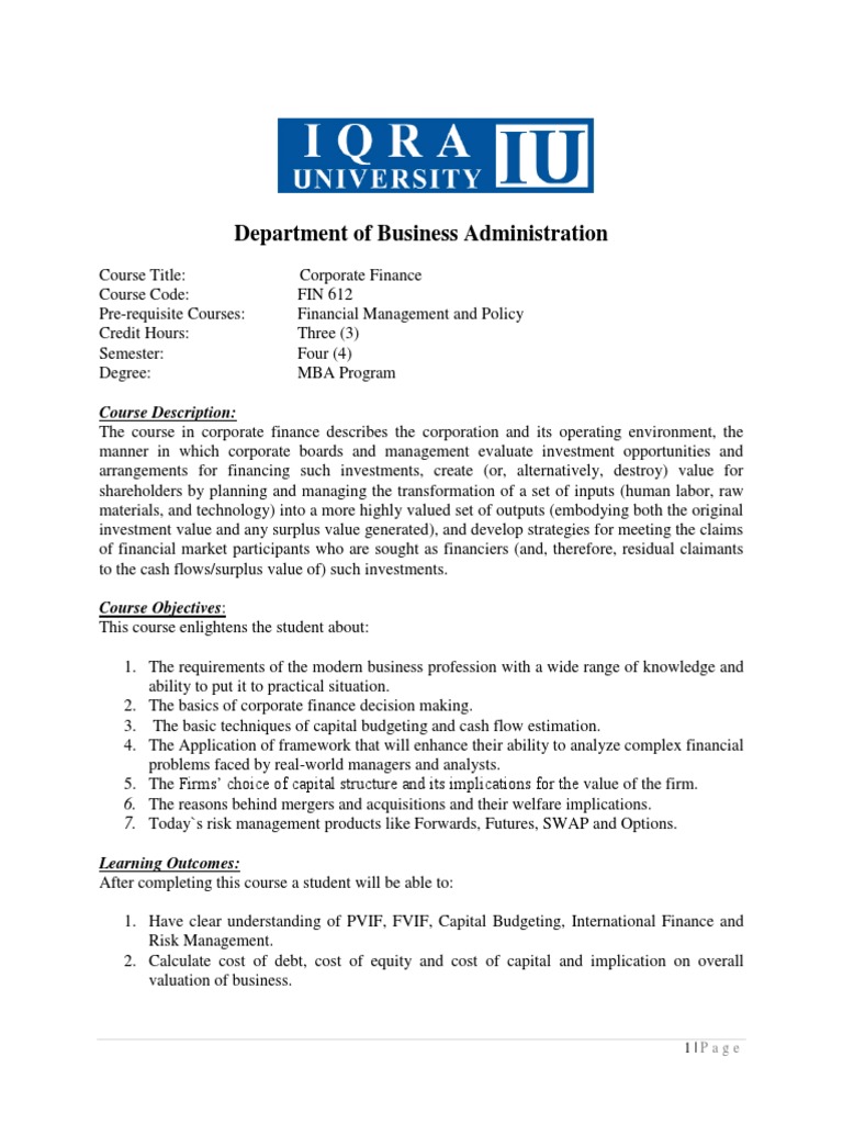 Corporate Finance Course Overview | PDF | Capital Budgeting | Cost Of ...