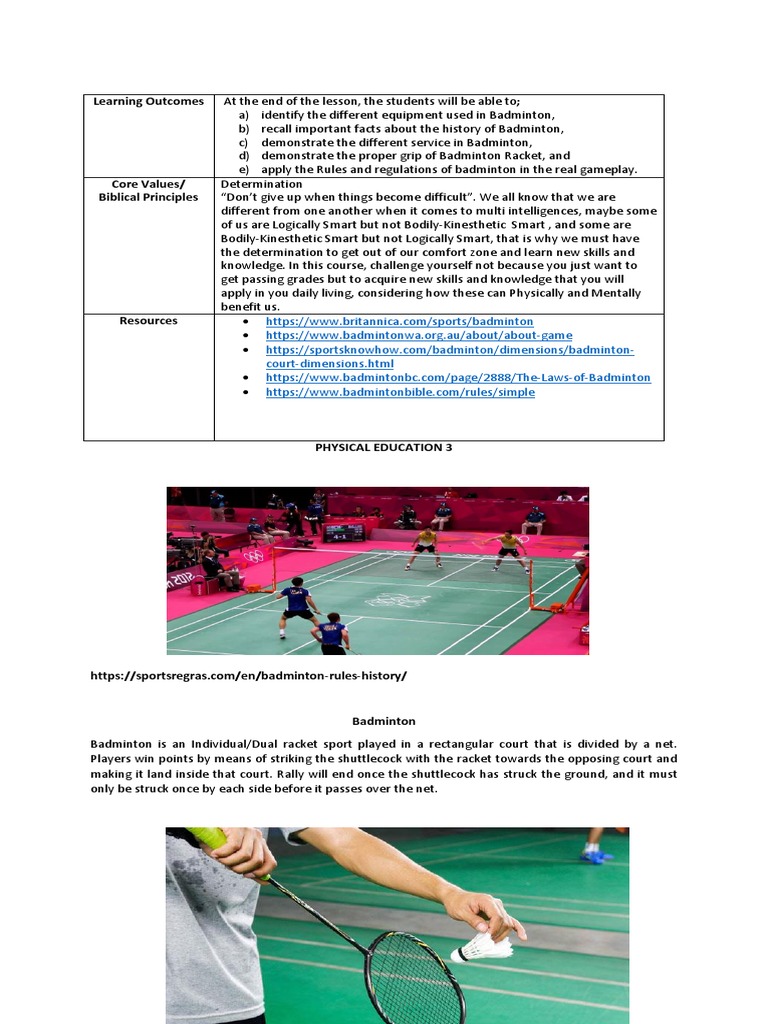 Badminton history, equipment, and rules and regulations1 PDF