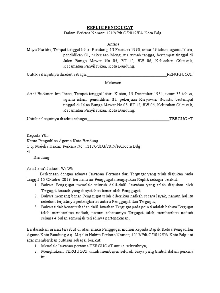 Replik Penggugat dalam Perkara Cerai | PDF