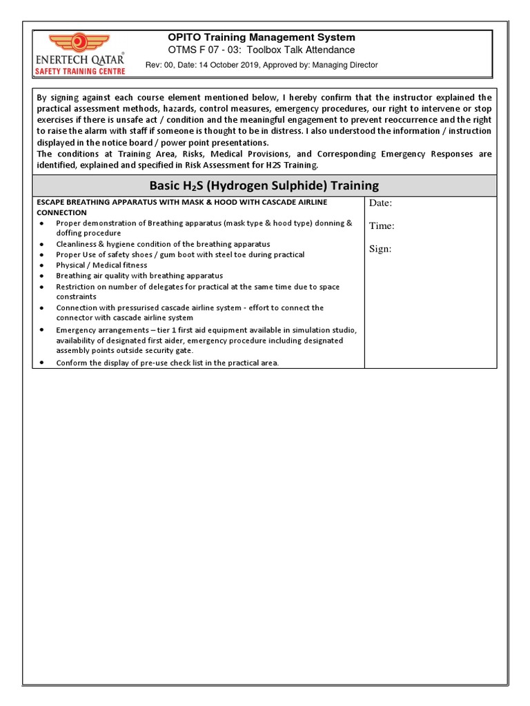 Tool Box Talk Attendance - Basic H2S | PDF