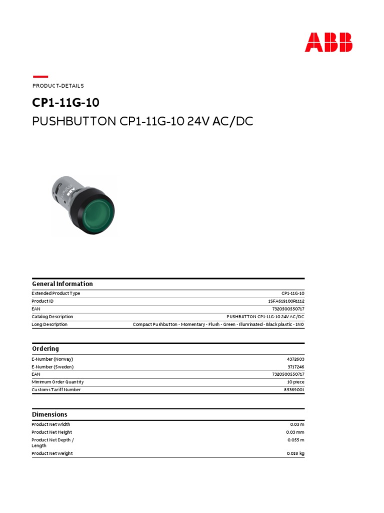 1SFA619100R1112 Pushbutton cp1 11g 10 24v Ac DC | PDF | Components ...